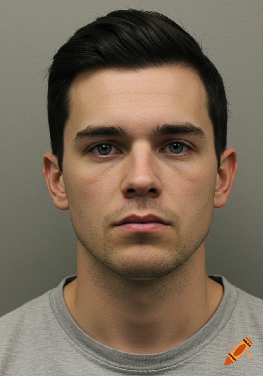Photorealistic portrait of a young white man with black hair and blue eyes, wearing a grey t-shirt, looking at the camera.