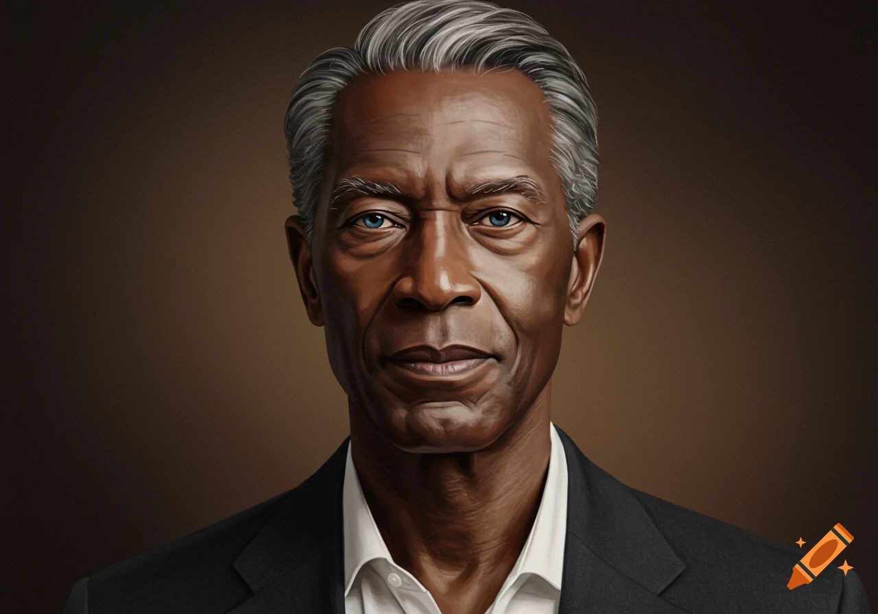 A photorealistic portrait of an older Black man with gray hair, striking blue eyes, and a suit, against a warm brown background.