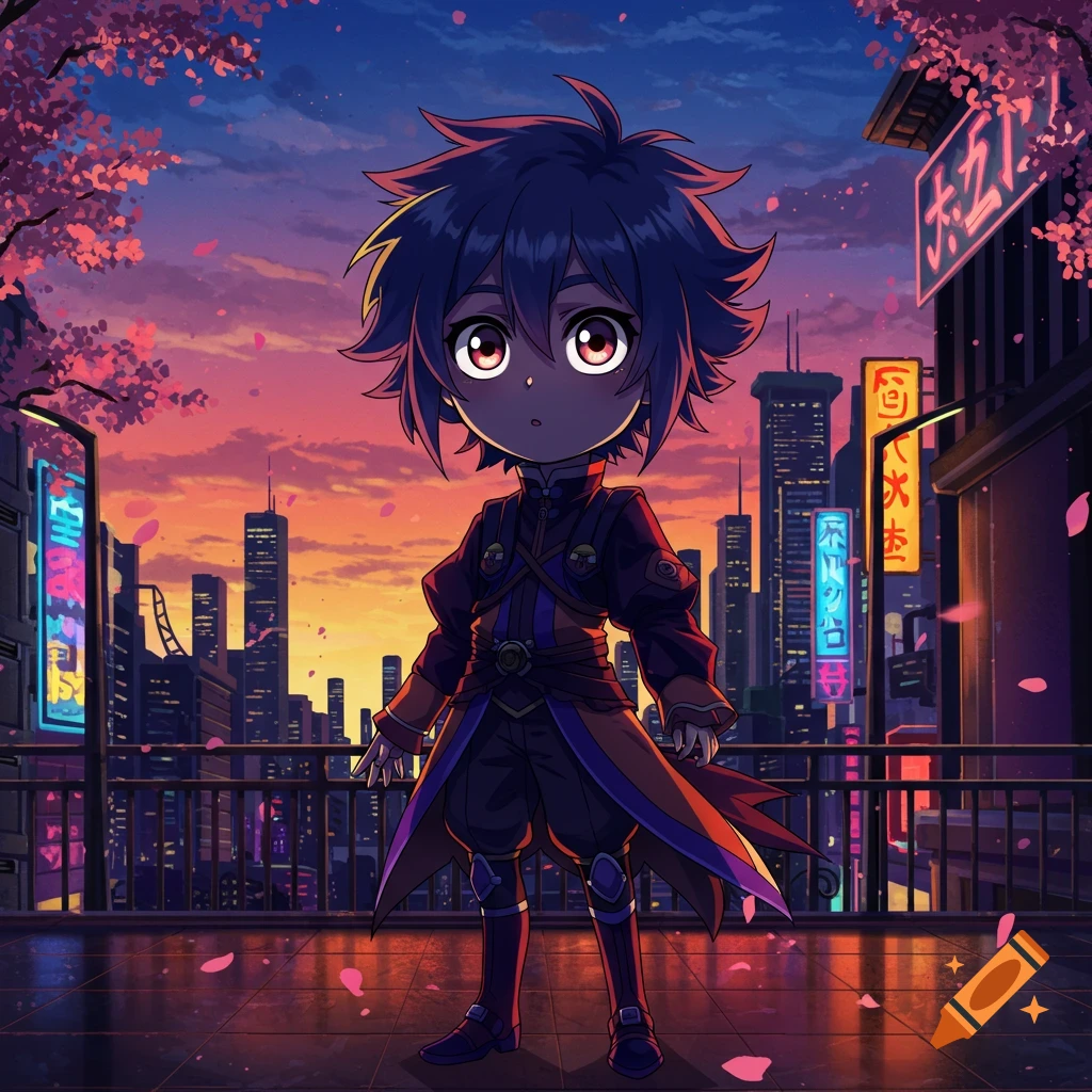 An anime-style character with spiky dark blue hair and large eyes stands on a rooftop balcony overlooking a city at sunset with cherry blossoms.