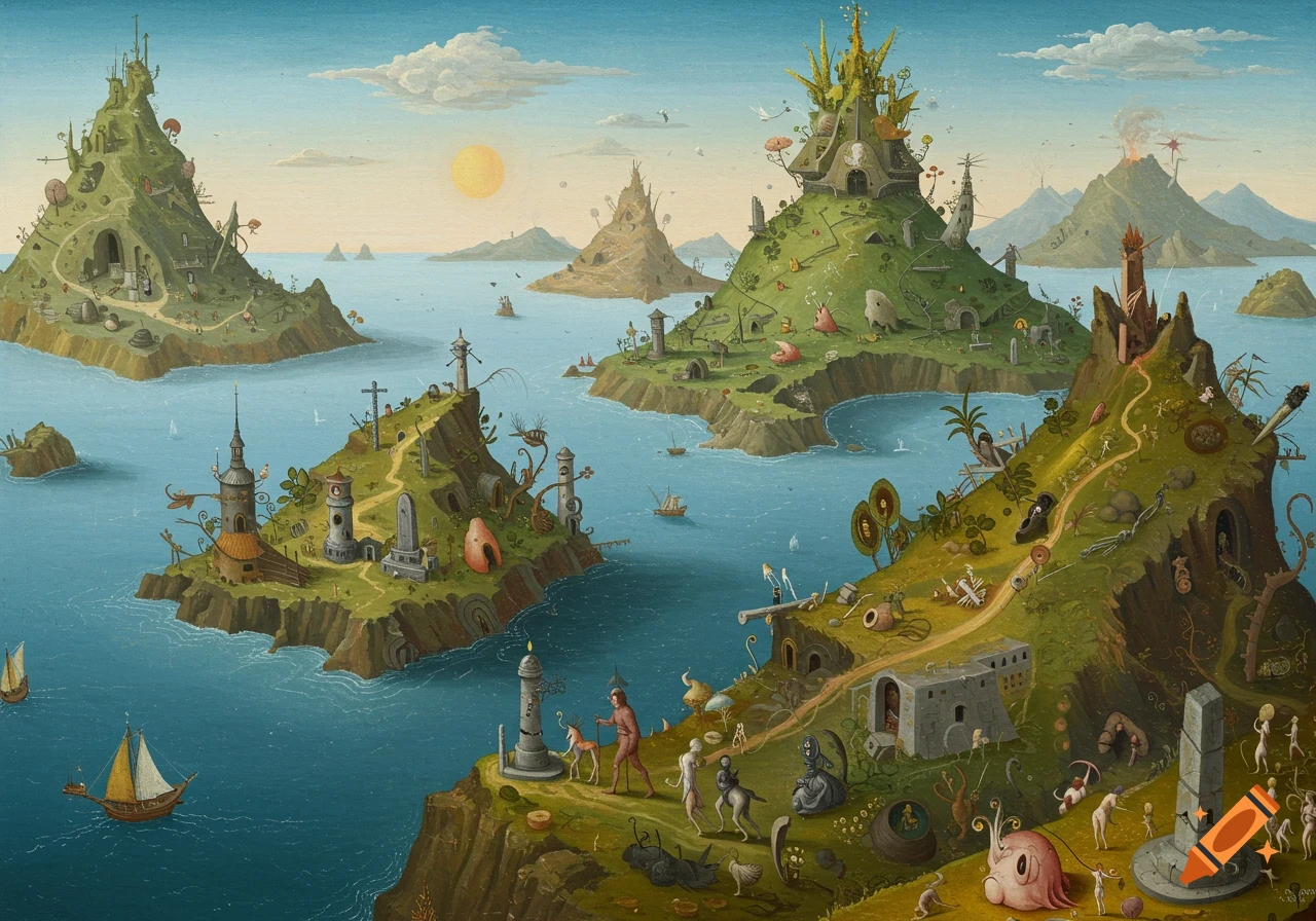 A detailed, surreal painting depicts fantastical green islands with strange creatures, peculiar buildings, and boats in blue water under a sunny sky.