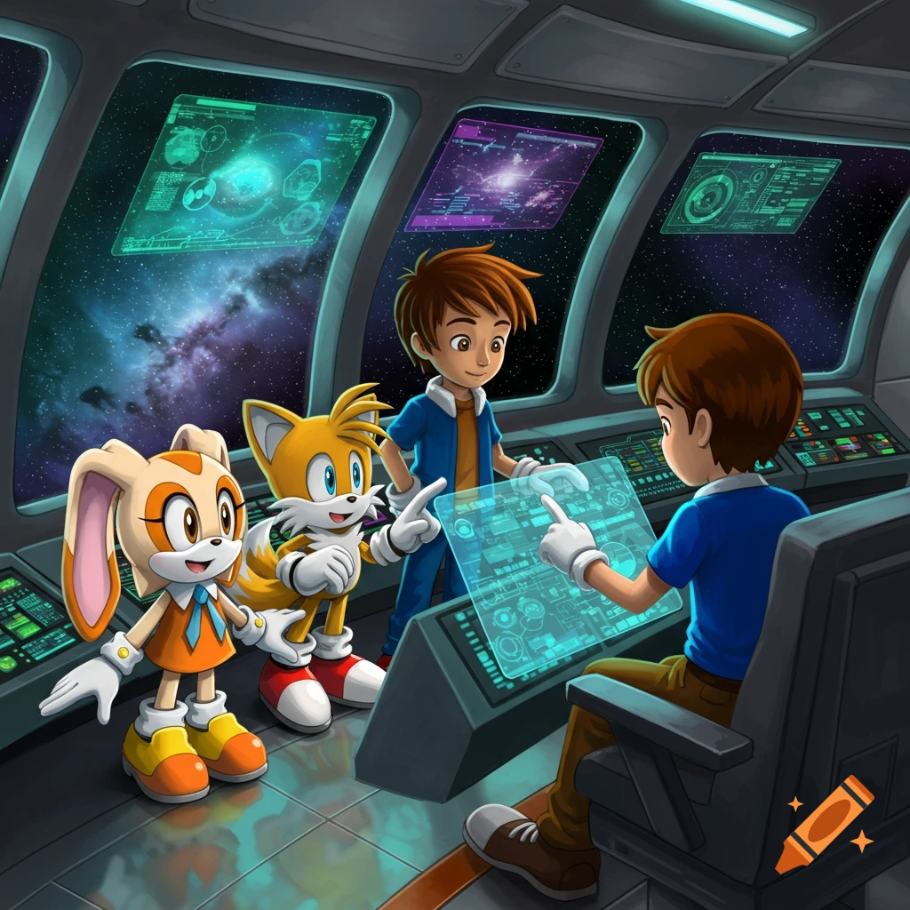 Cream the Rabbit, Tails the fox, and two young boys in a starship cockpit, looking at holographic displays and controls, with outer space visible through the windows.
