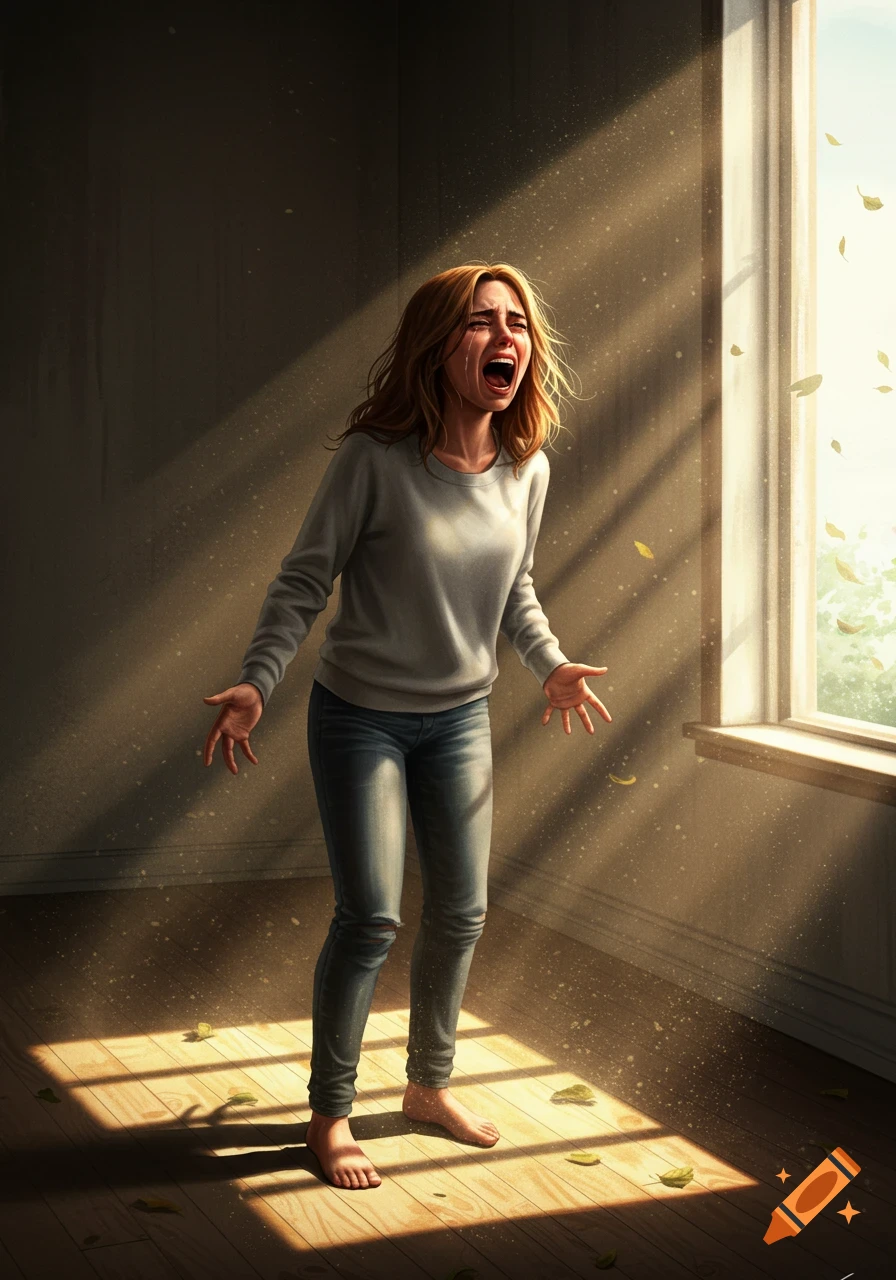 A young woman screaming and crying in a dimly lit room, with sunlight streaming through a window, illuminating dust and scattered leaves.