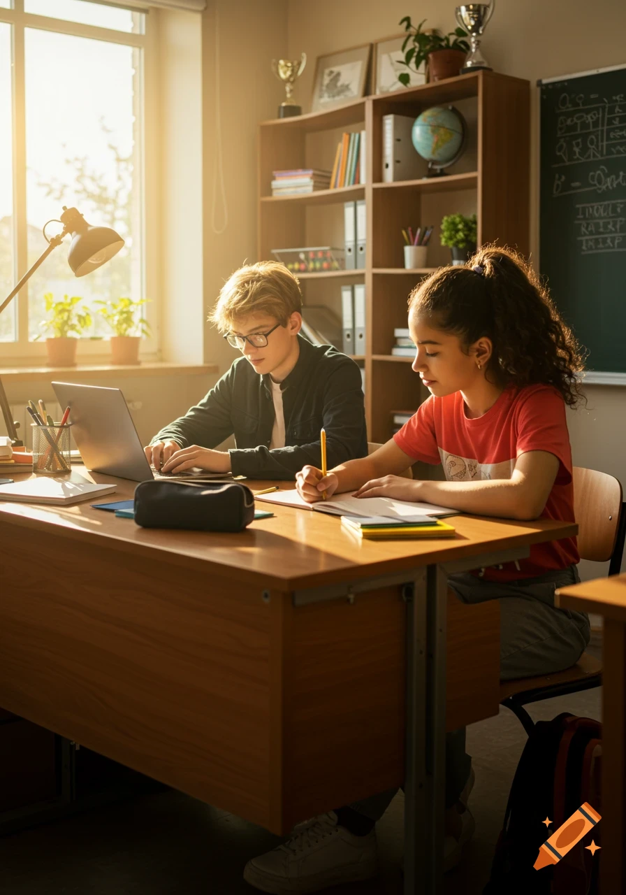 Two students, a boy on a laptop and a girl writing, study at desks in a sunny classroom.