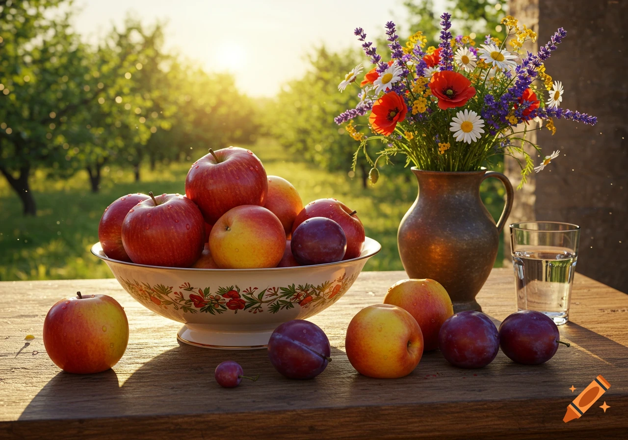 A still life arrangement of apples, peaches, and plums in a bowl, with a vase of wildflowers and a glass of water on a wooden table in an orchard at sunset, bathed in ethereal light.