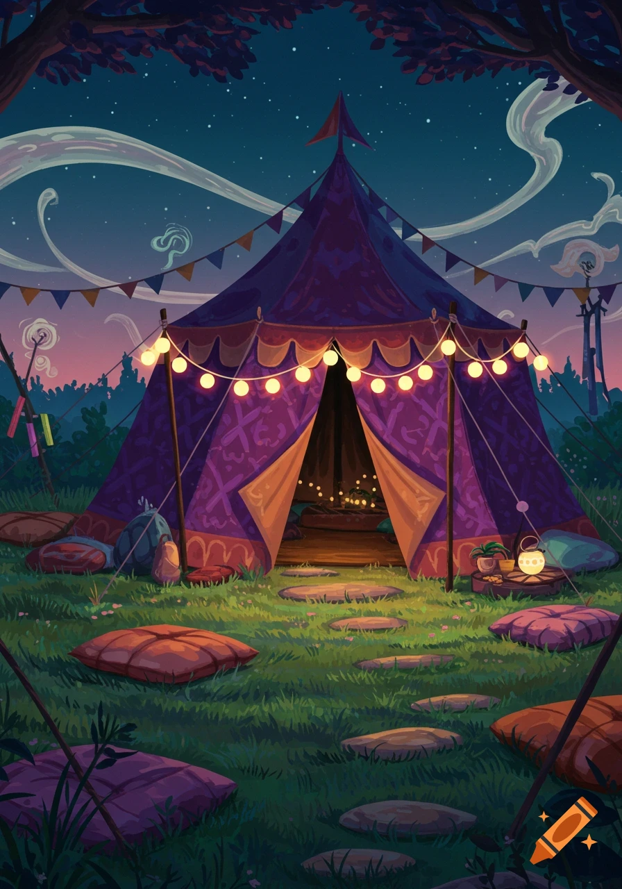 Whimsical illustration of a purple tent decorated with string lights and bunting, surrounded by grass, pillows, and stepping stones at twilight.