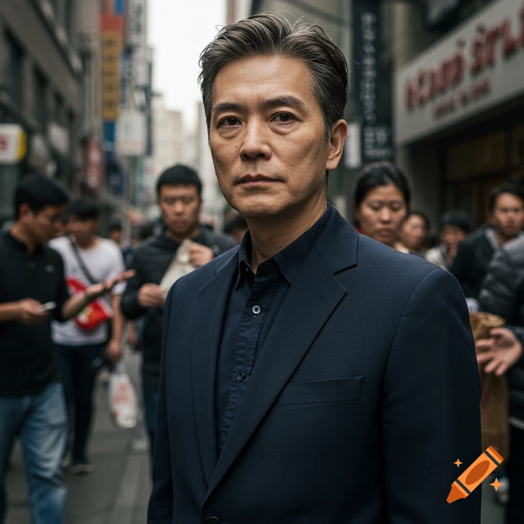 A photorealistic close-up portrait of an Asian man in a dark suit and shirt, standing on a bustling city street.