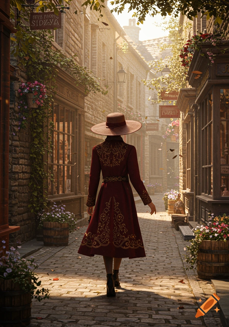 A woman in a wide-brimmed hat and a detailed red coat walks down a cobblestone street lined with old buildings and flowers in pots, bathed in golden light.