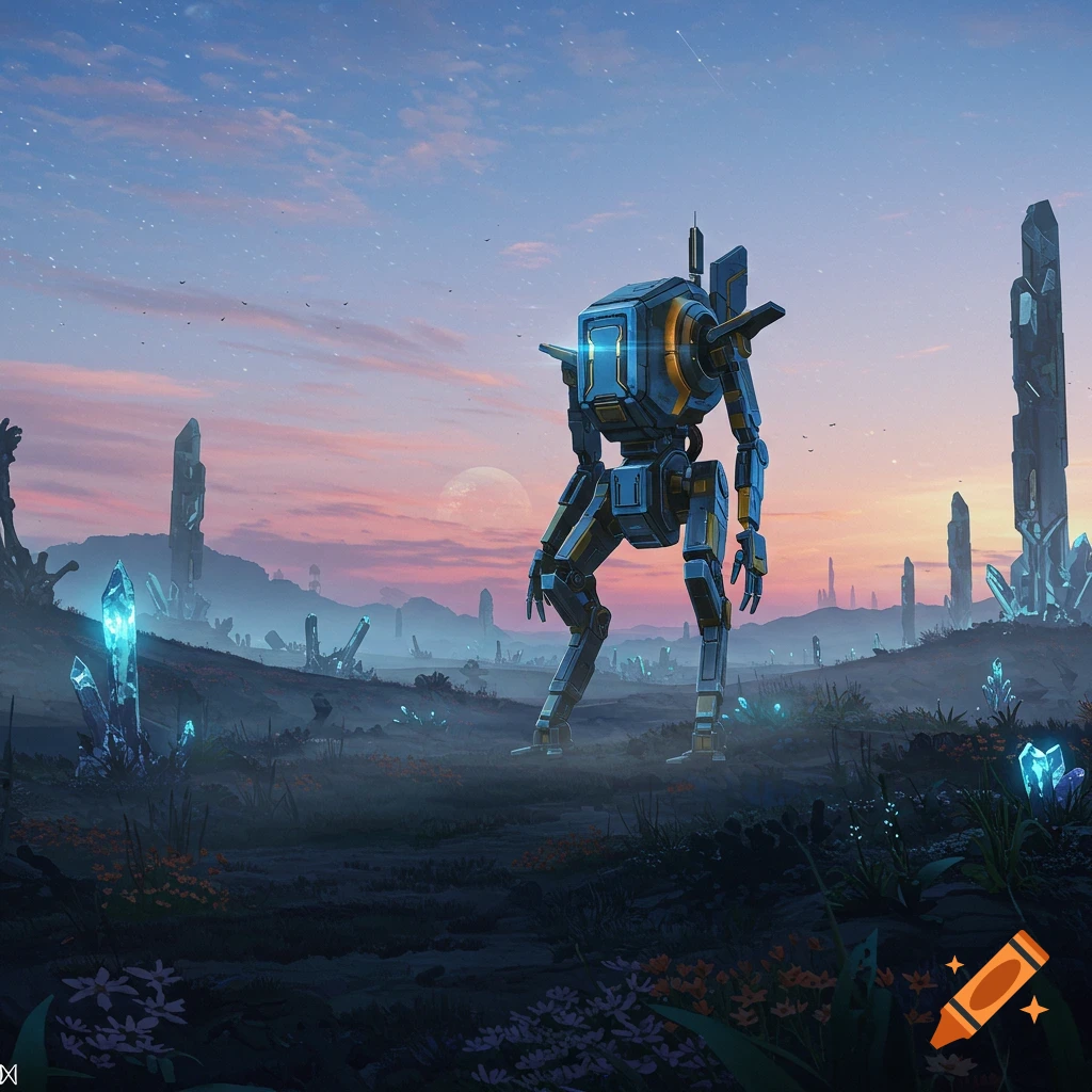 A blue and gold bipedal robot stands in a misty alien landscape with glowing blue crystals and futuristic structures under a pink and purple sky.