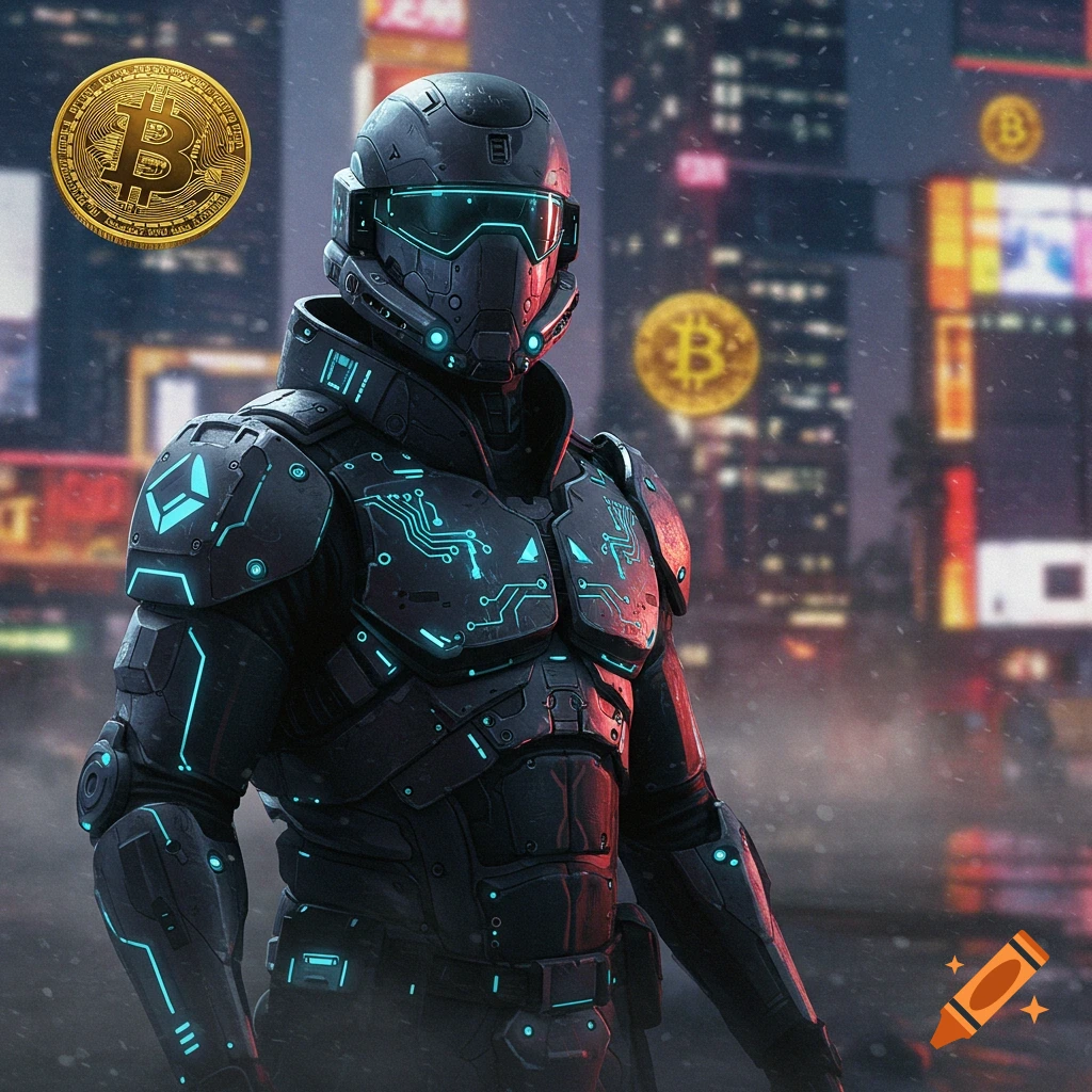 A futuristic commando in black armor with glowing blue circuits stands in a neon-lit city, surrounded by floating golden Bitcoin symbols.