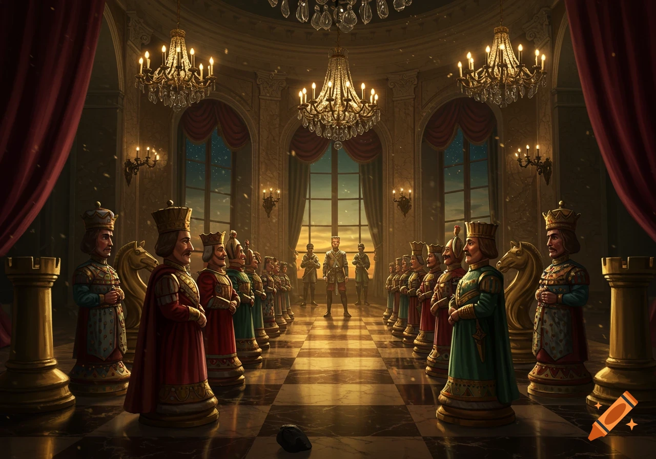 Grand, cinematic view of stylized chess piece-like figures and soldiers lined up in an ornate hall on a checkered floor.