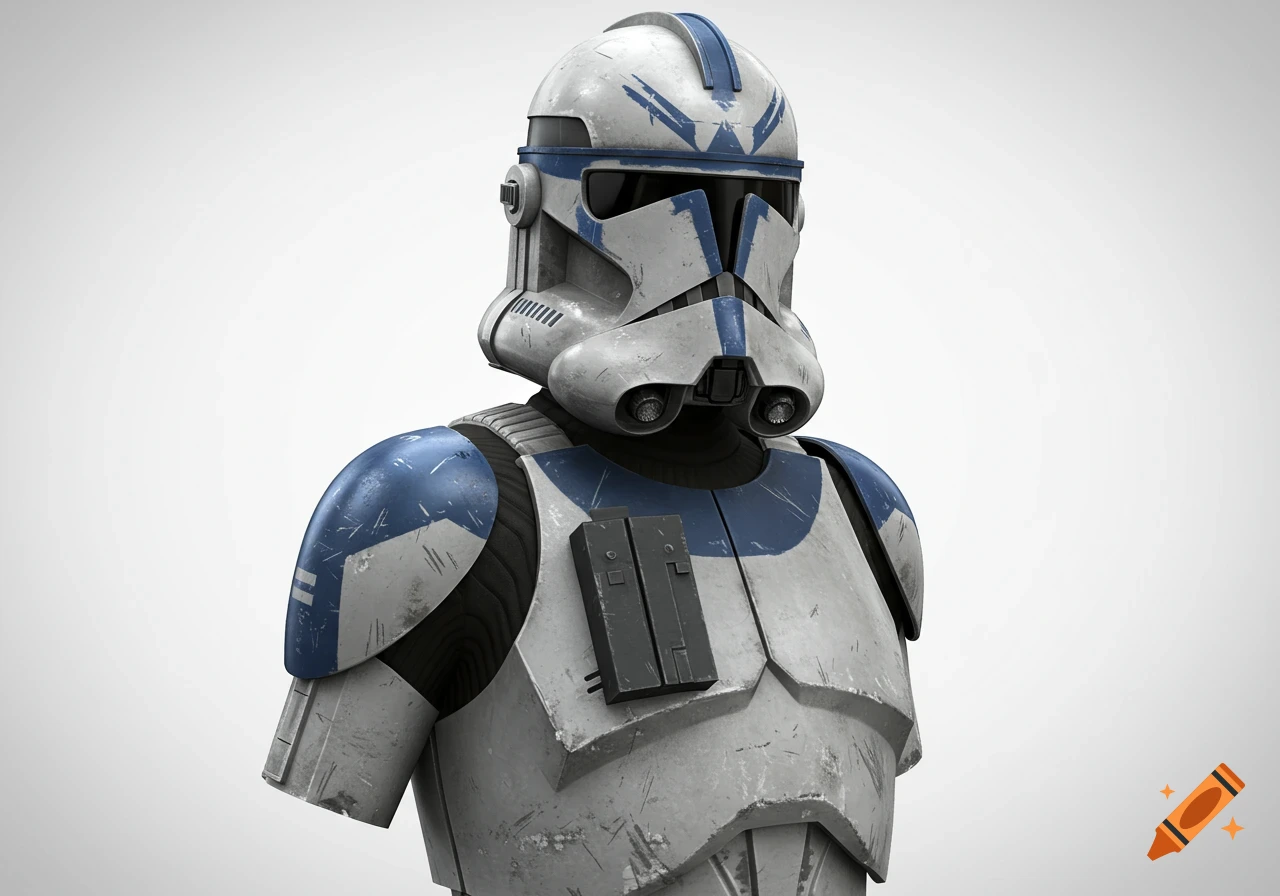 A detailed 3D render of a Star Wars ARC Trooper Phase II armor bust, with steel gray and deep blue plating, showing wear and scratches, on a white background.