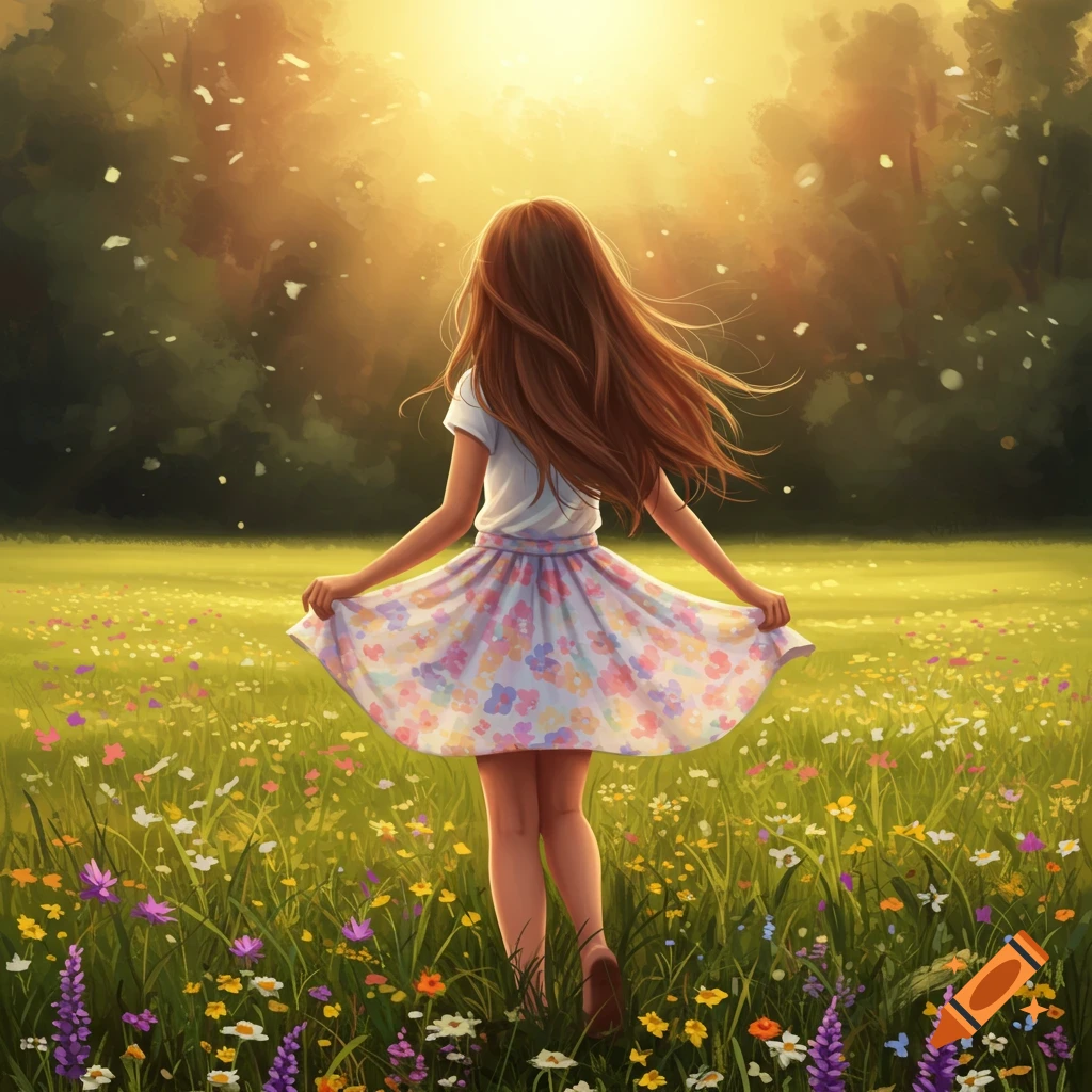 Illustrated image of a girl with long hair, seen from behind, standing in a sunlit field of colorful wildflowers.