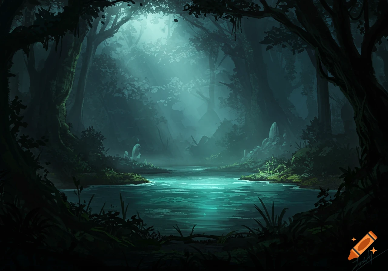 A dark, moody fantasy forest with a glowing turquoise lake and light beams piercing through the dense canopy, digital painting.