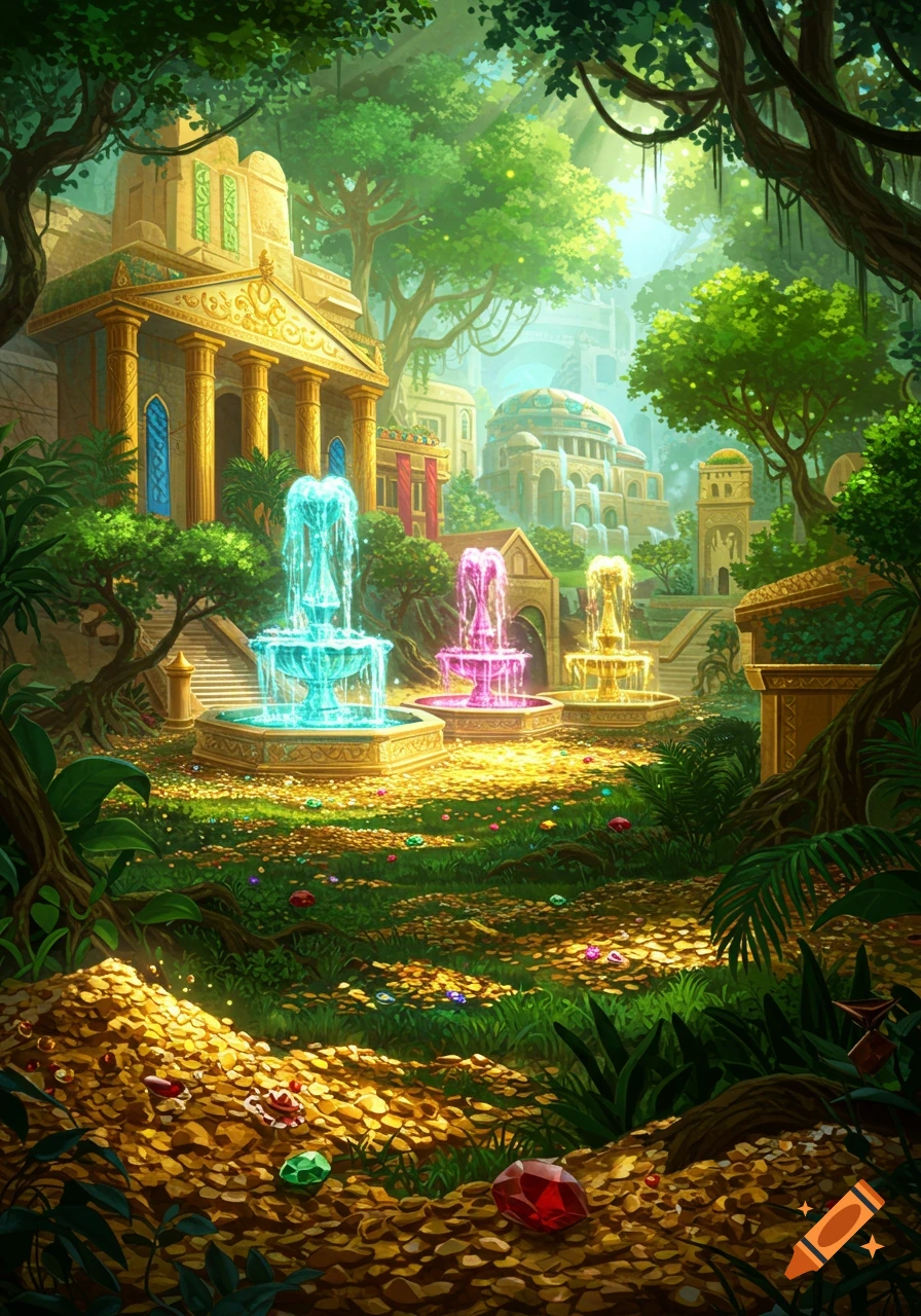 Vibrant fantasy jungle with golden ancient buildings, glowing blue, pink, and gold fountains, and a ground of gold nuggets and jewels.
