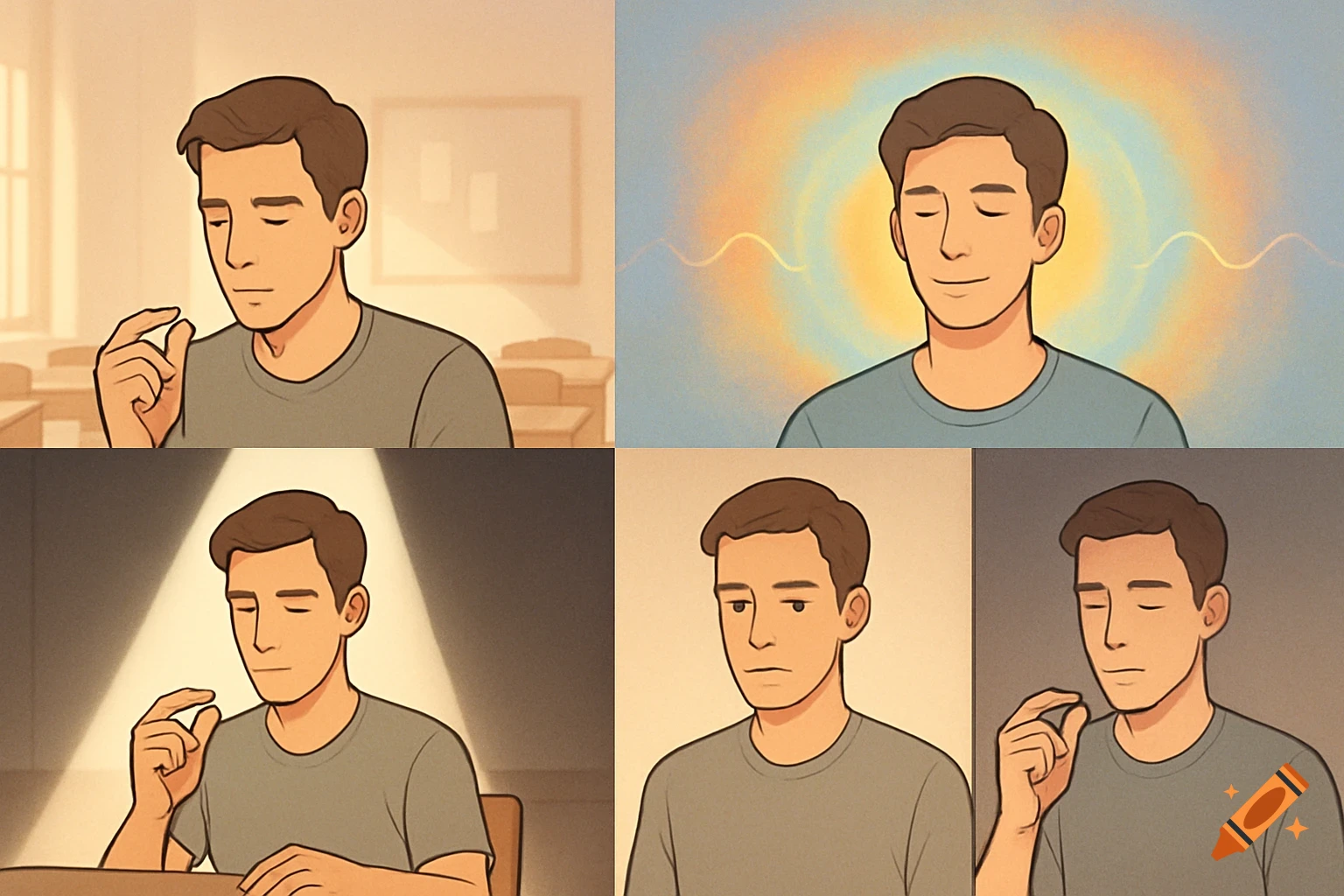 A four-panel illustration of a man practicing a kinesthetic anchoring technique, showing him pressing fingers, meditating with an aura, and with neutral expressions.