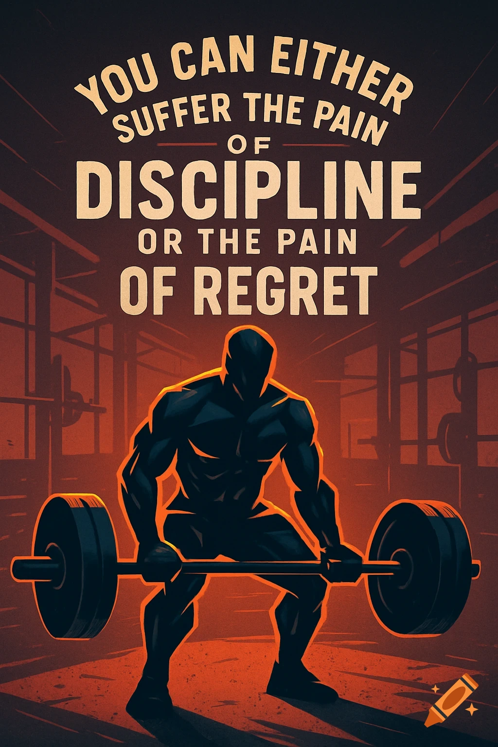 A stylized illustration of a muscular silhouette lifting a barbell in a gym, with motivational text above.
