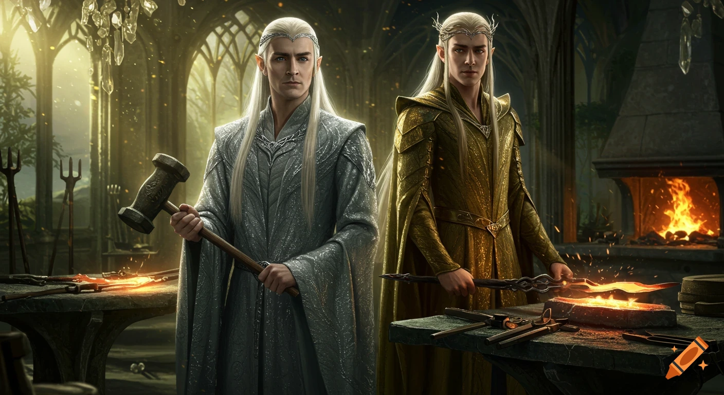 Photorealistic image of two male elves, one in silver and one in gold attire, in a grand fantasy forge holding tools.