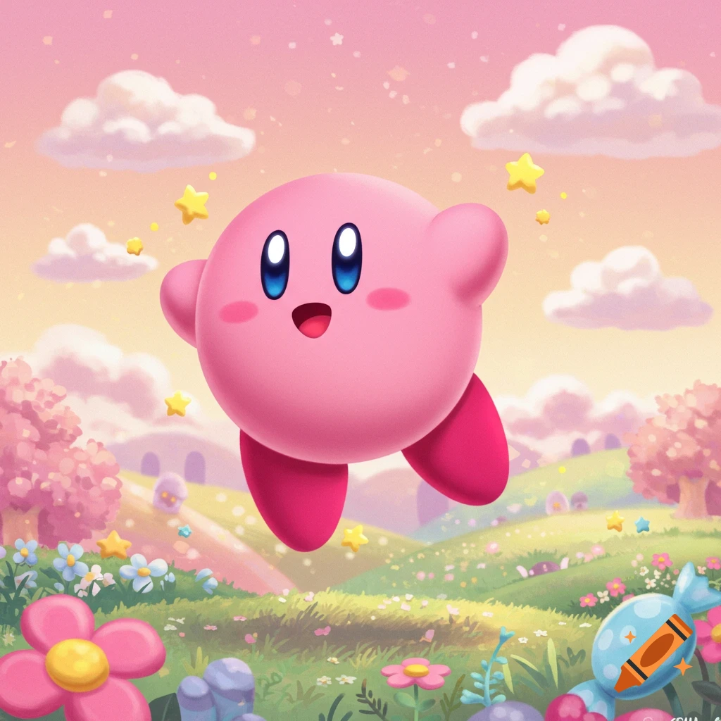 A cheerful, round pink Kirby character floats in a vibrant, cartoonish fantasy landscape filled with colorful flowers, trees, clouds, and sparkling stars.