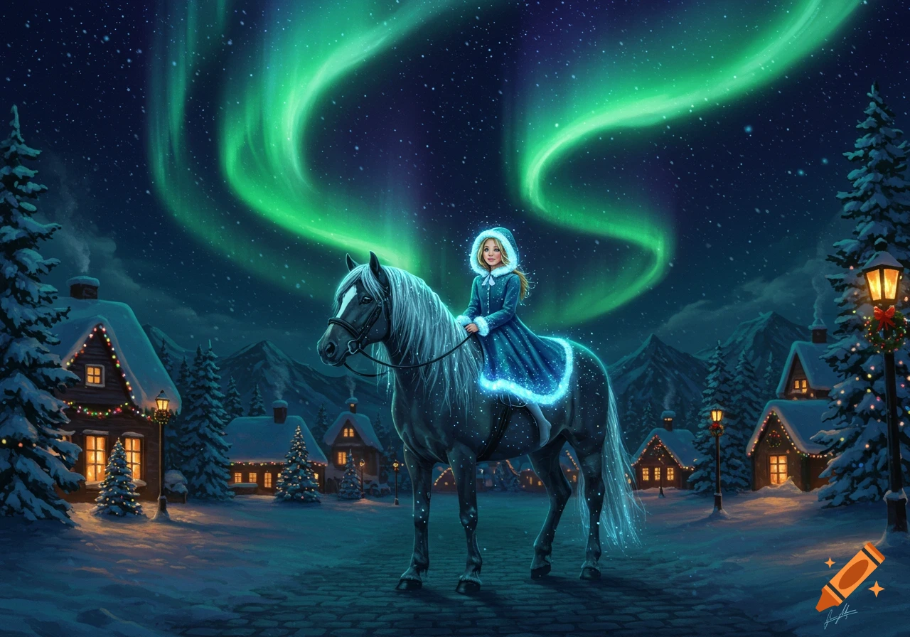 A young girl in a blue winter coat rides a majestic horse through a snow-covered Christmas village under a vibrant green aurora borealis sky.