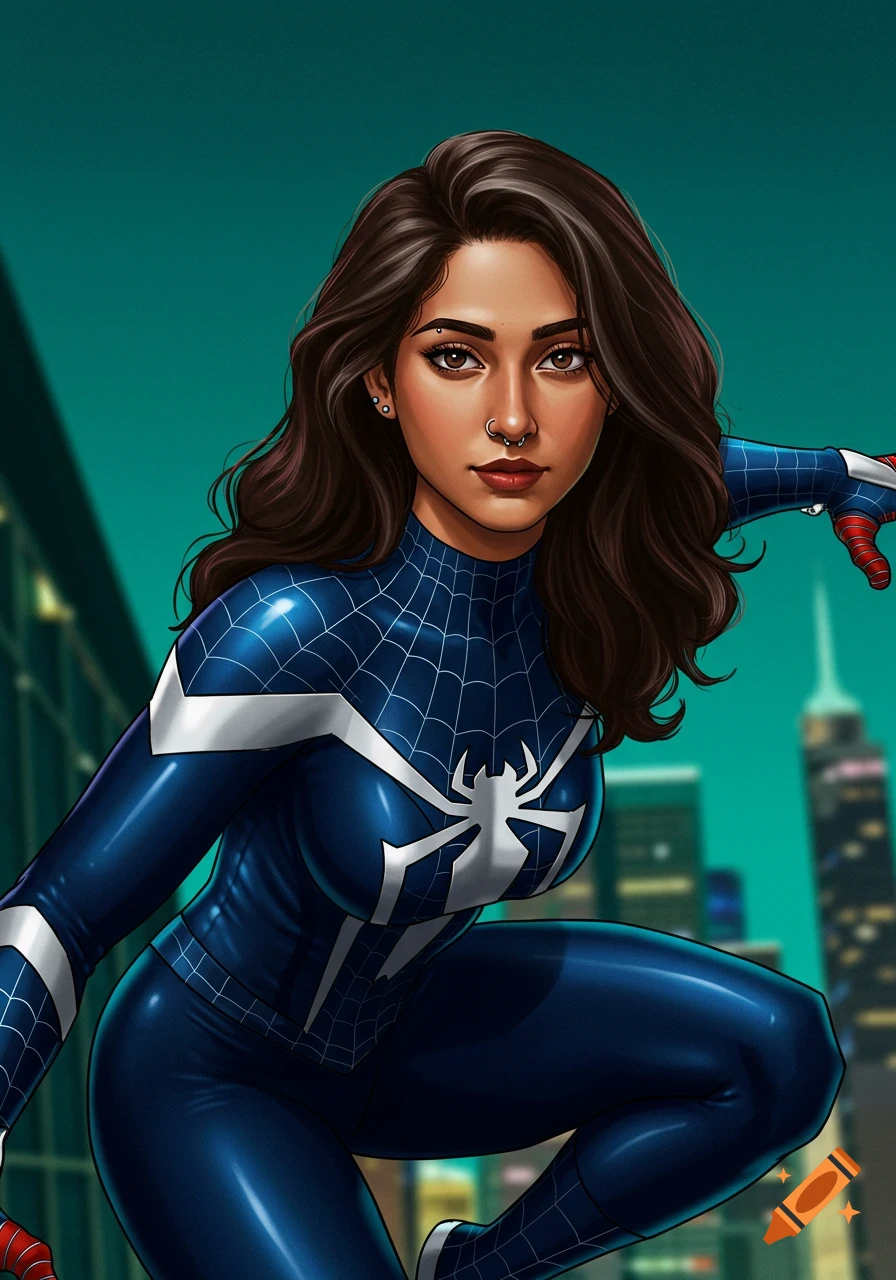 An illustrated Pakistani Spider-Woman with dark wavy hair and piercings, wearing a navy, black, and white suit, crouching against a teal city background.