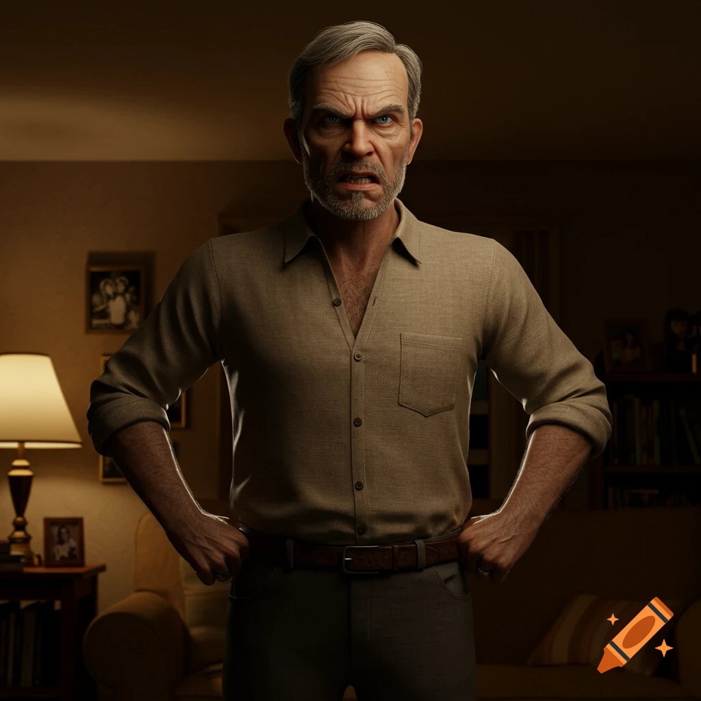 A photorealistic portrait of an angry older man with a beard, hands on hips, standing in a dimly lit living room.