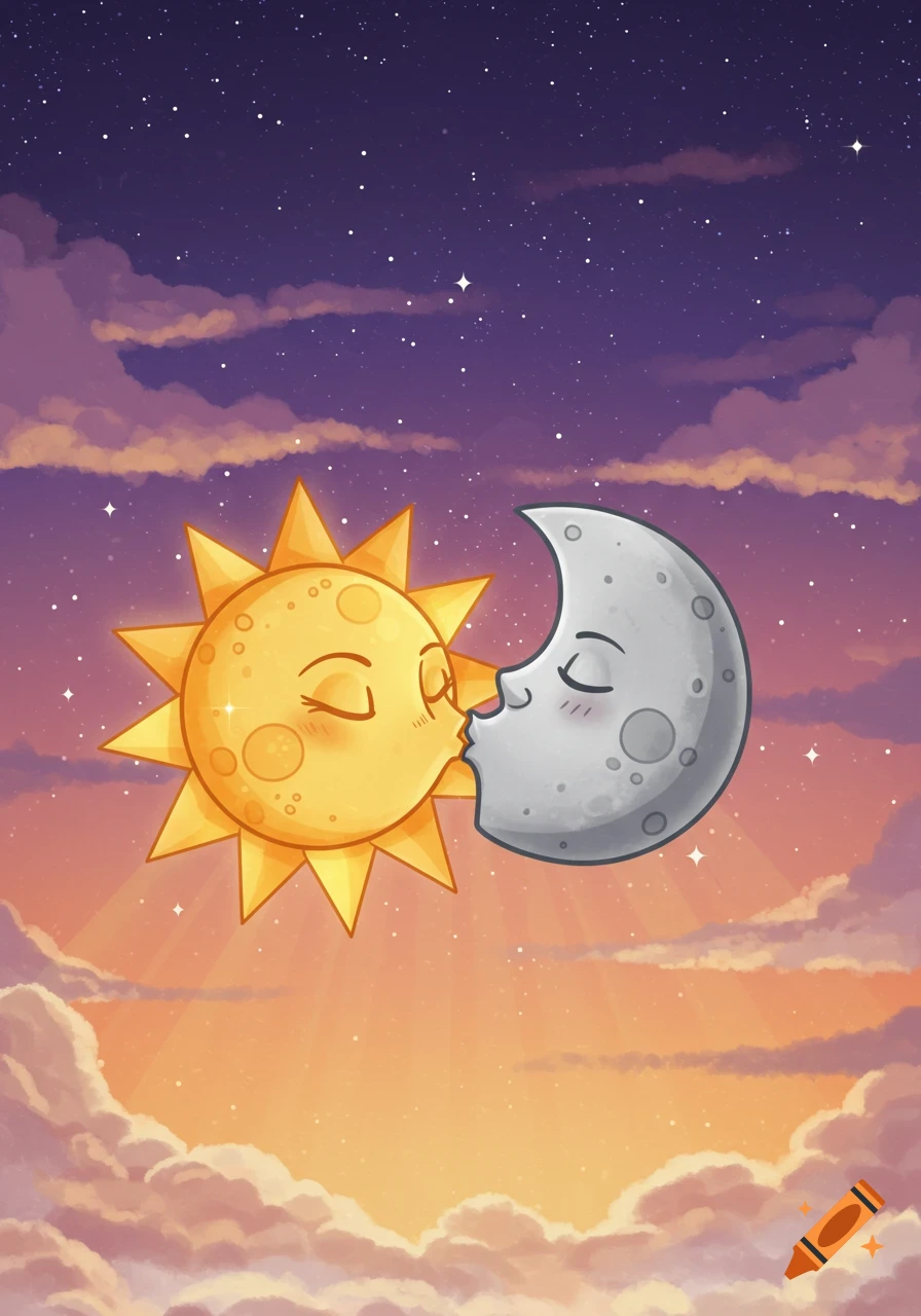 A cartoon sun and crescent moon with closed eyes gently kiss against a starry, purple and orange sunset sky with fluffy clouds.