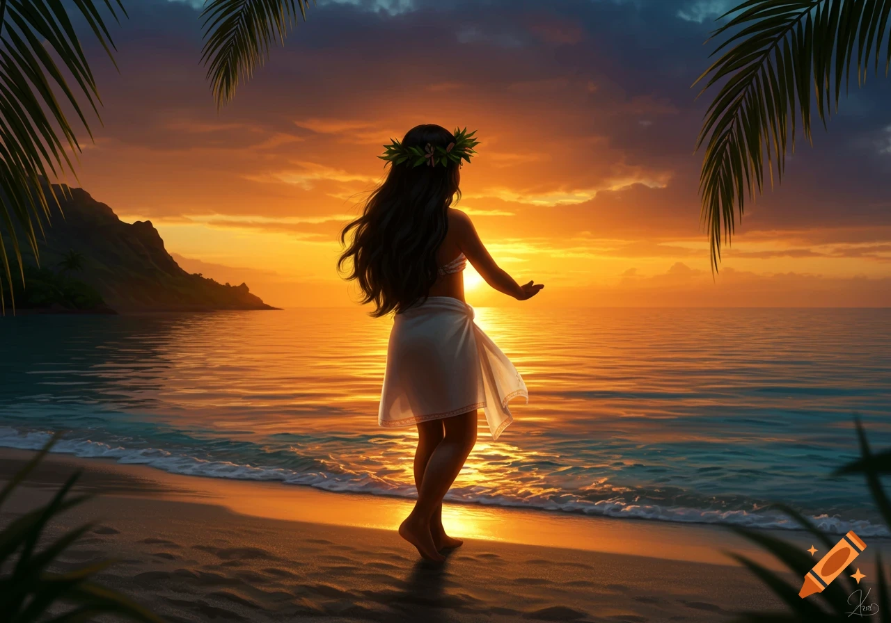 Young woman in a white pareo and floral lei dancing on a tropical beach at sunset, framed by palm fronds.