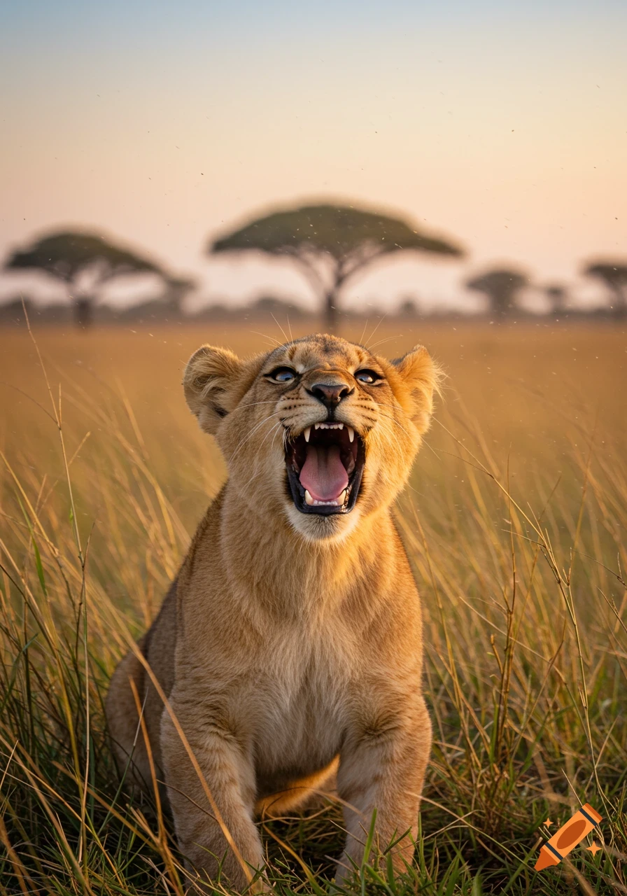 A photorealistic lion cub roaring or yawning with its mouth wide open in a golden grassy savannah at sunset.