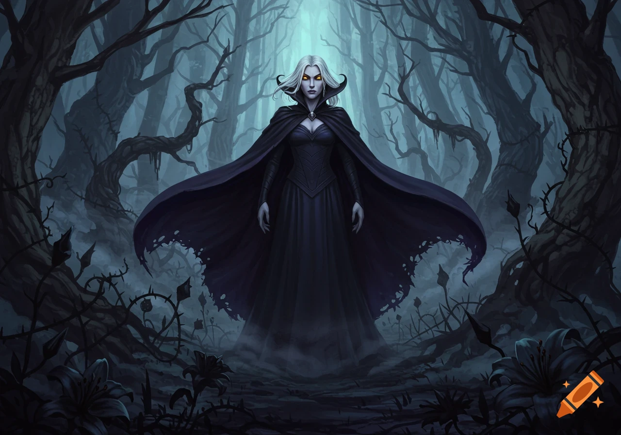 A pale woman with white hair and glowing yellow eyes, wearing a black dress and cape, stands in a dark, misty, gnarled forest.