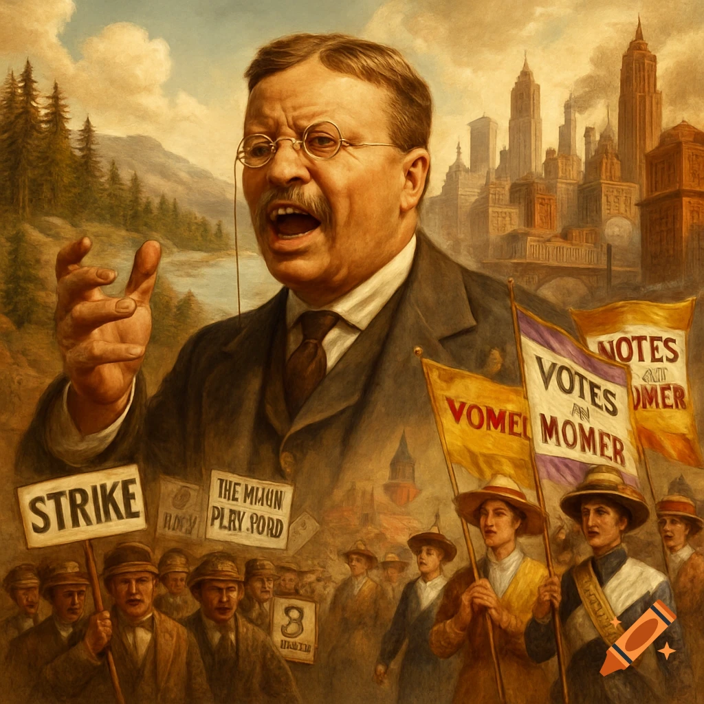 A painted historical scene showing a large image of Theodore Roosevelt speaking, with crowds, suffragettes, and a city skyline in the background.