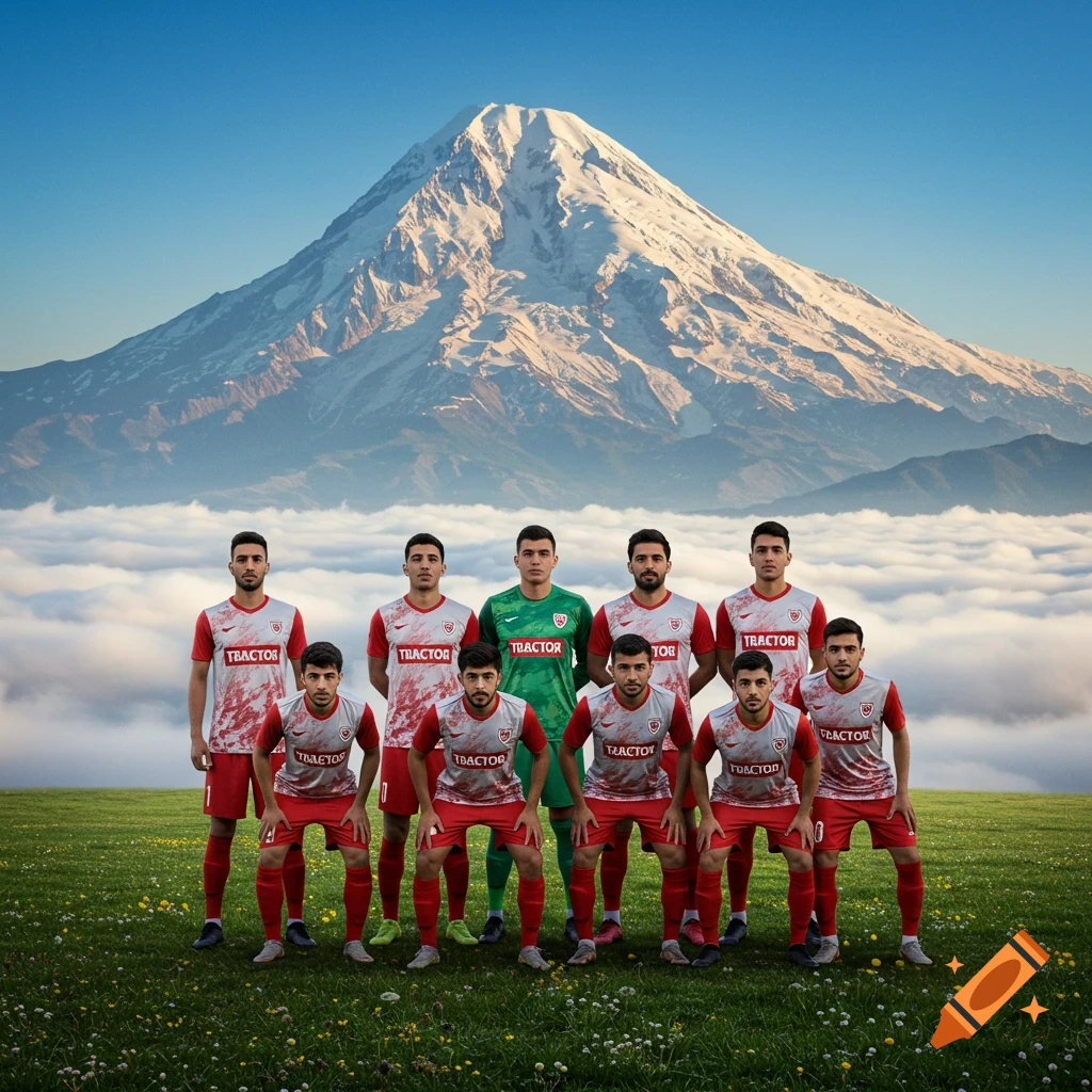 A soccer team in red and white uniforms poses on a grassy field with a majestic snow-capped mountain and clouds in the background.