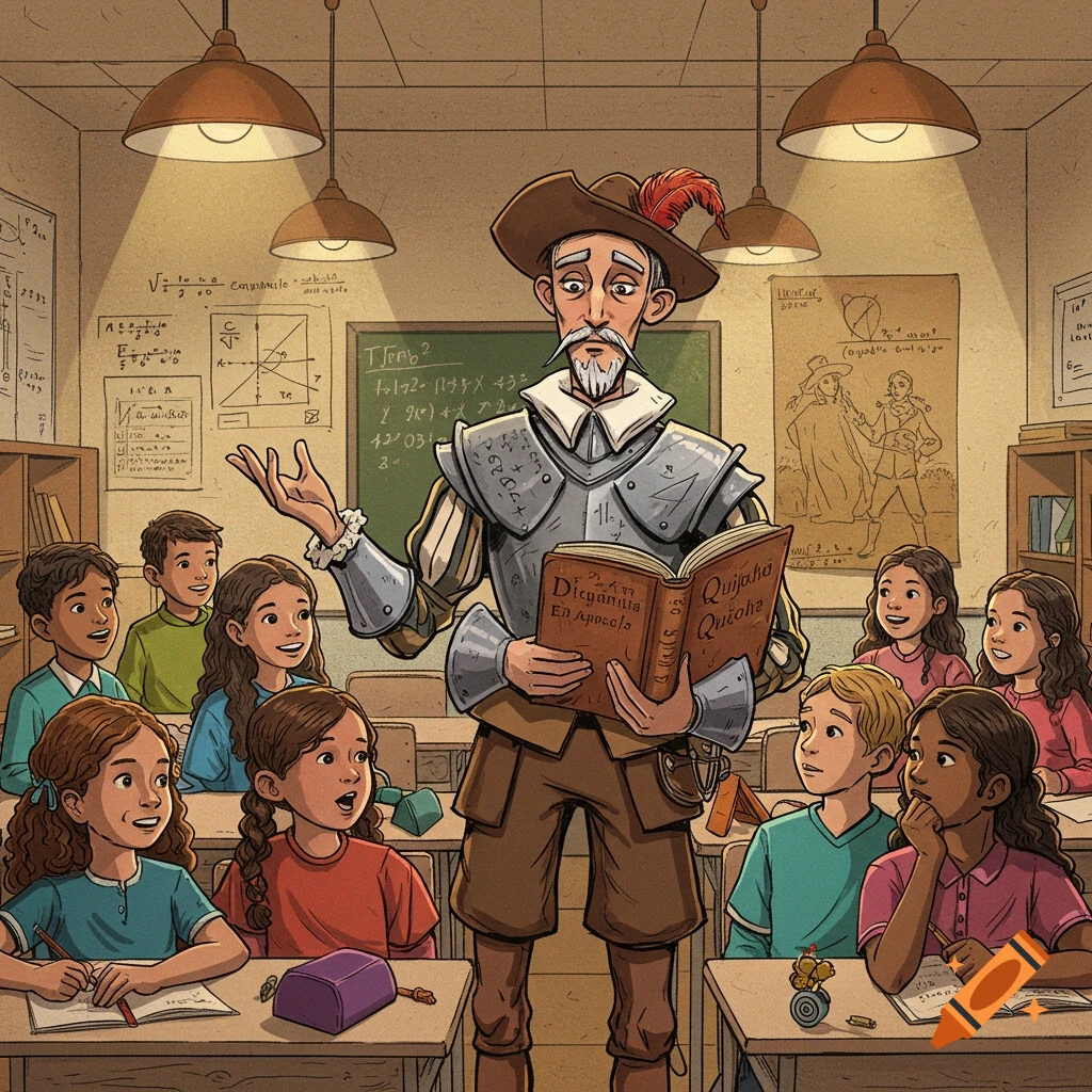 Cartoon illustration of Don Quijote in armor teaching a class of diverse children, holding an open book in a classroom.