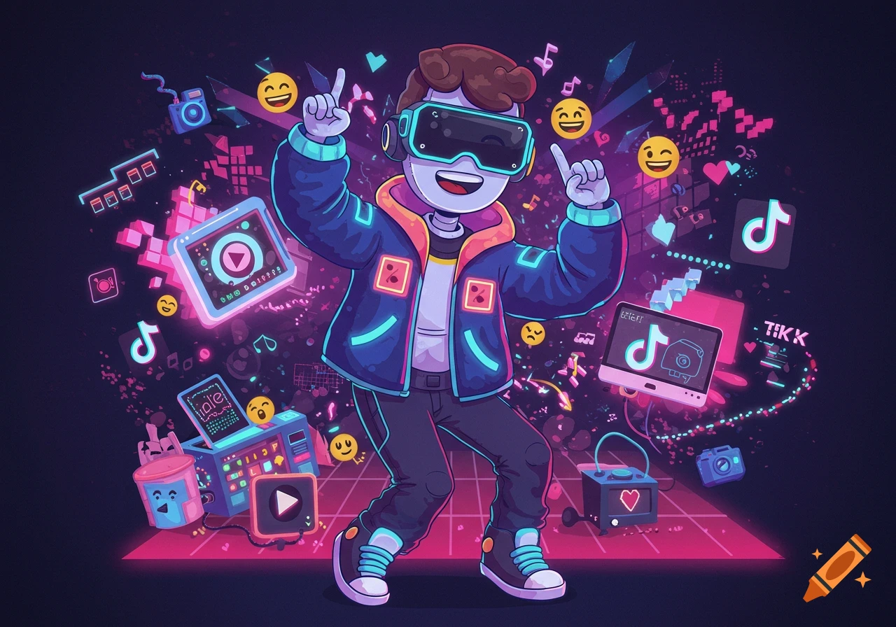 A friendly cartoon figure wearing a VR headset, dancing joyfully amidst a vibrant abstract background with digital effects, emojis, and TikTok icons.