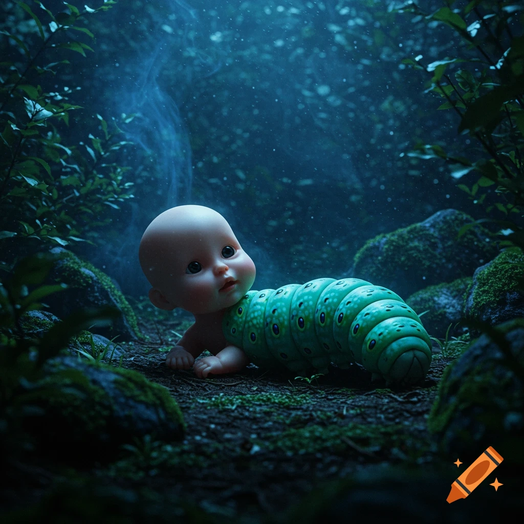 A photorealistic doll-like baby head on a green caterpillar body crawls on a dark, misty forest floor.