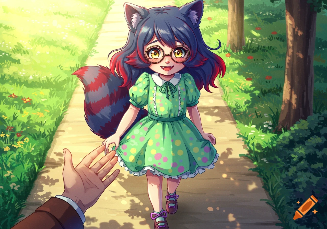 An anime girl with raccoon ears and tail, wearing a green polka-dot dress, reaches for an outstretched hand on a sunlit path.