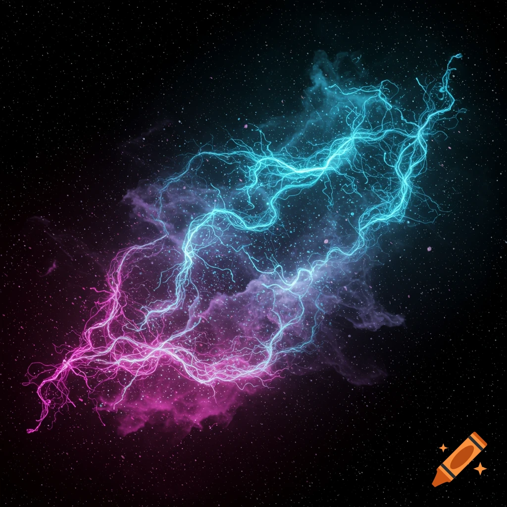 Bright blue and pink lightning bolts and energy clouds against a dark, starry background.