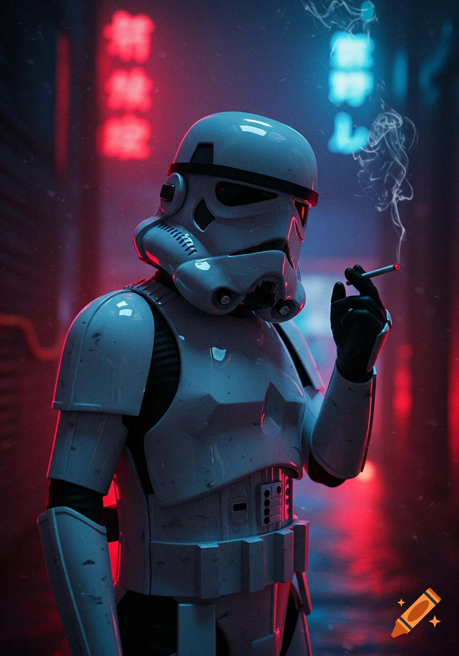 A white armored Stormtrooper, half-length shot, smokes a cigarette in a dark, rain-slicked cyberpunk alley illuminated by red and blue neon lights.