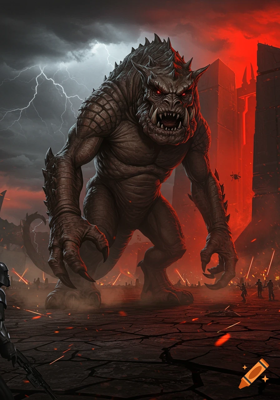 A massive, horned monster with glowing red eyes stands on cracked ground, surrounded by small humanoids fighting under a stormy, lightning-filled sky and red buildings.