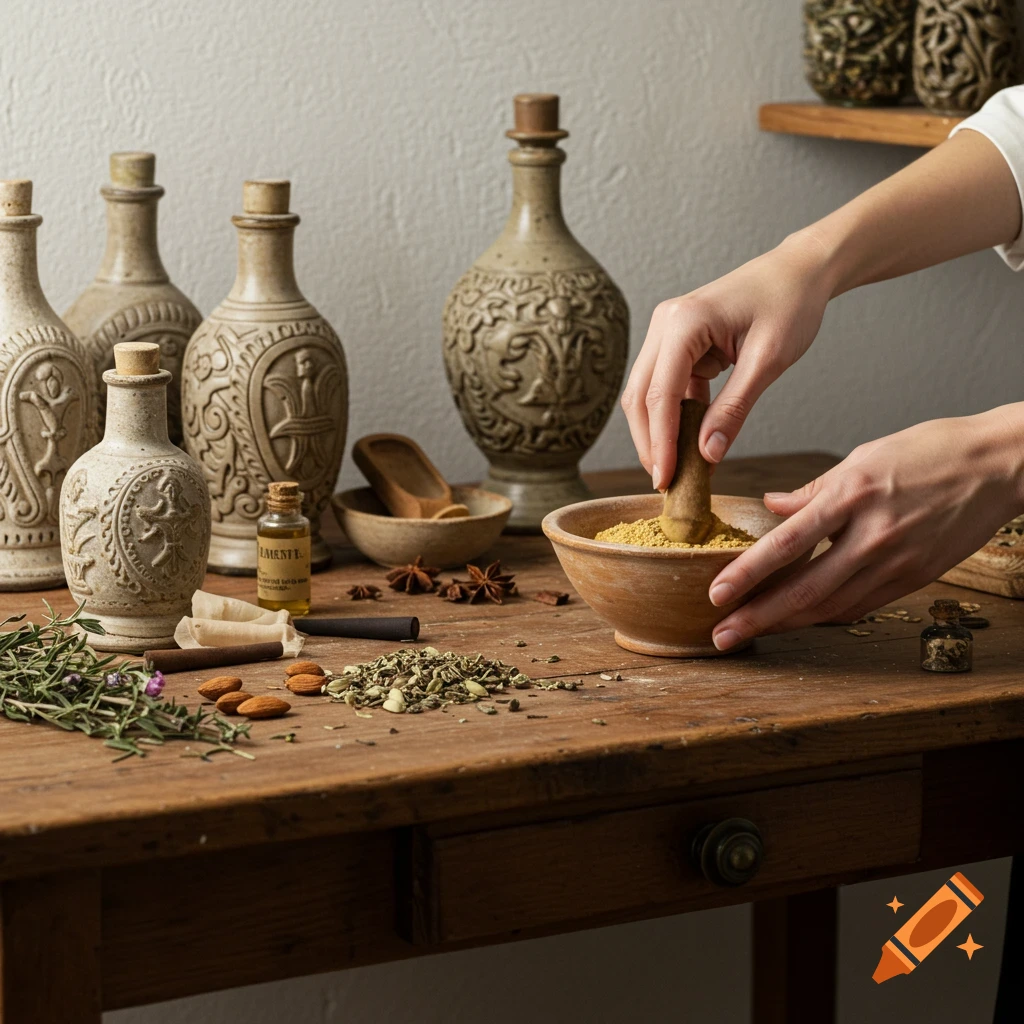 Hands grind yellow powder in a mortar next to ornate bottles, herbs, spices, and oil on a wooden table.