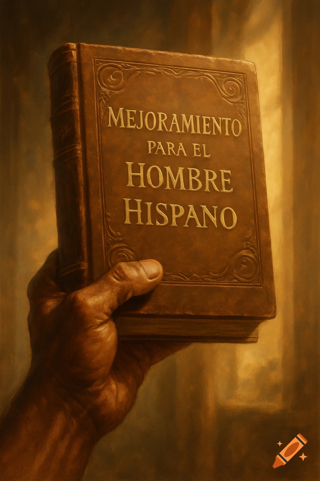 A strong hand holds a brown book titled 'Mejoramiento para el Hombre Hispano' in warm, hopeful light.