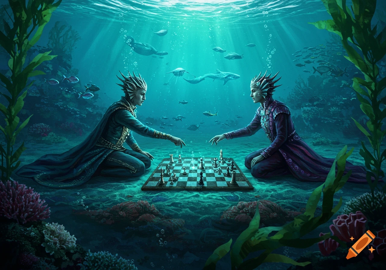 Two elaborately dressed humanoid figures play chess on the ocean floor, surrounded by marine life.