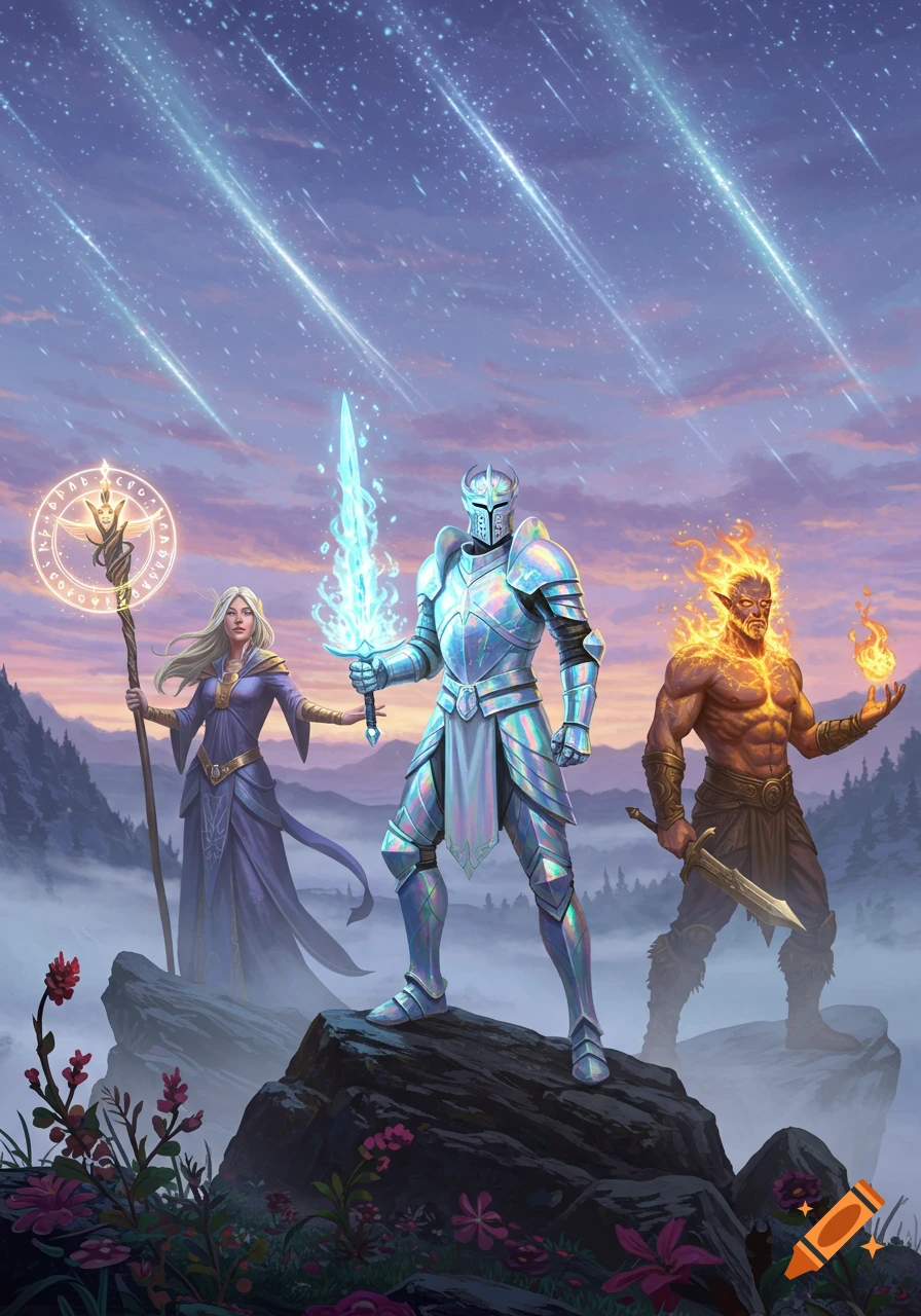 Three fantasy heroes, a mage, a knight in iridescent armor, and a fire demon, stand on misty mountain peaks under a sky filled with shooting stars.