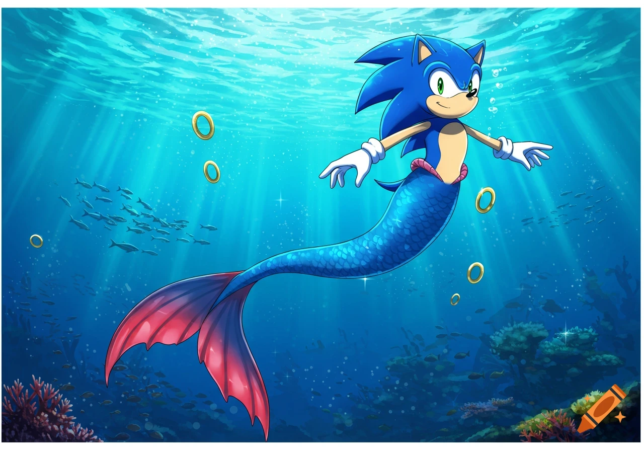 Sonic the Hedgehog as a blue mermaid with a red tail swims underwater among gold rings and fish in an anime style.