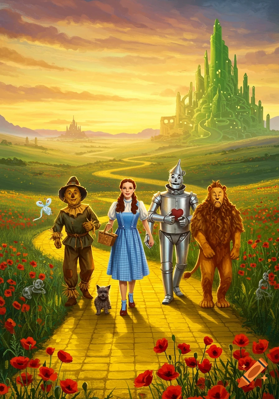 Dorothy, Toto, Scarecrow, Tin Man, and Cowardly Lion walk on the Yellow Brick Road towards the Emerald City in a vibrant illustration.