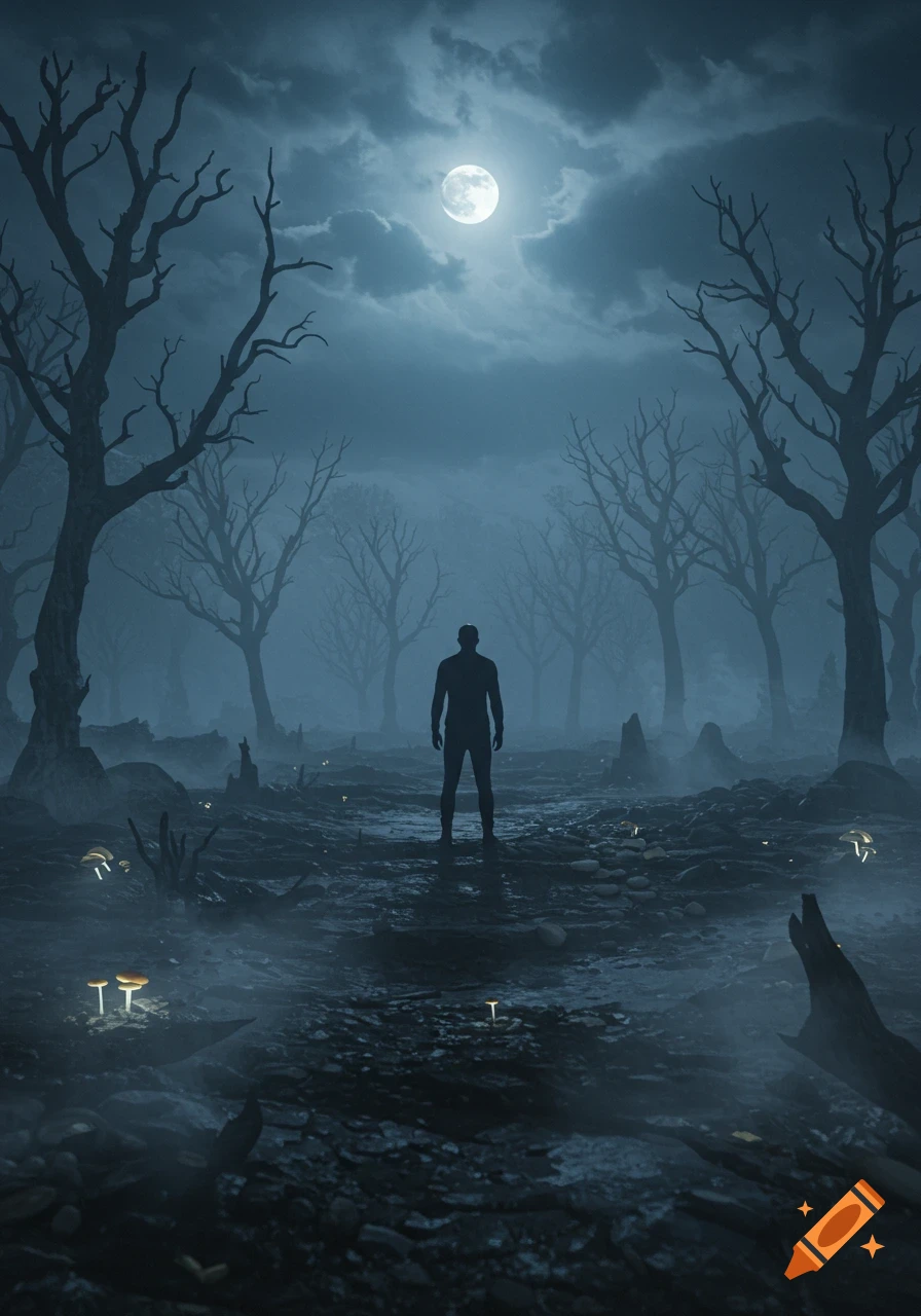A lone silhouette stands on a path in a foggy, eerie forest under a full moon, surrounded by bare trees and glowing mushrooms.