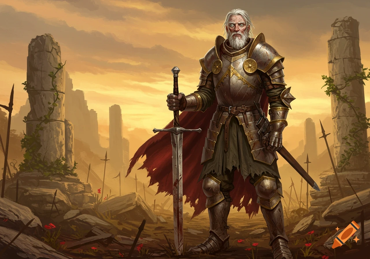 An aging knight with a white beard, clad in ornate armor and a torn red cape, stands holding a bloodied sword in a desolate, ruined battlefield at sunset.