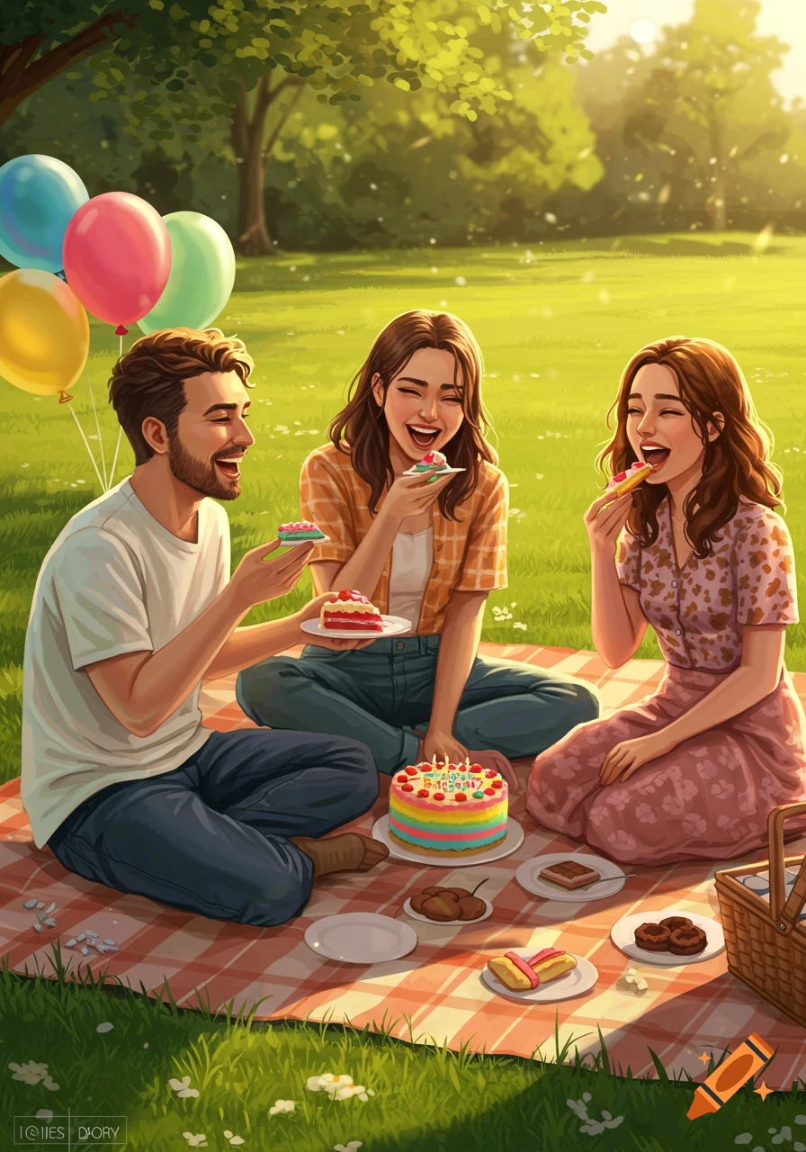 Three friends celebrating a birthday picnic in a sunny park with balloons, cake, and pastries, in a vibrant illustration style.