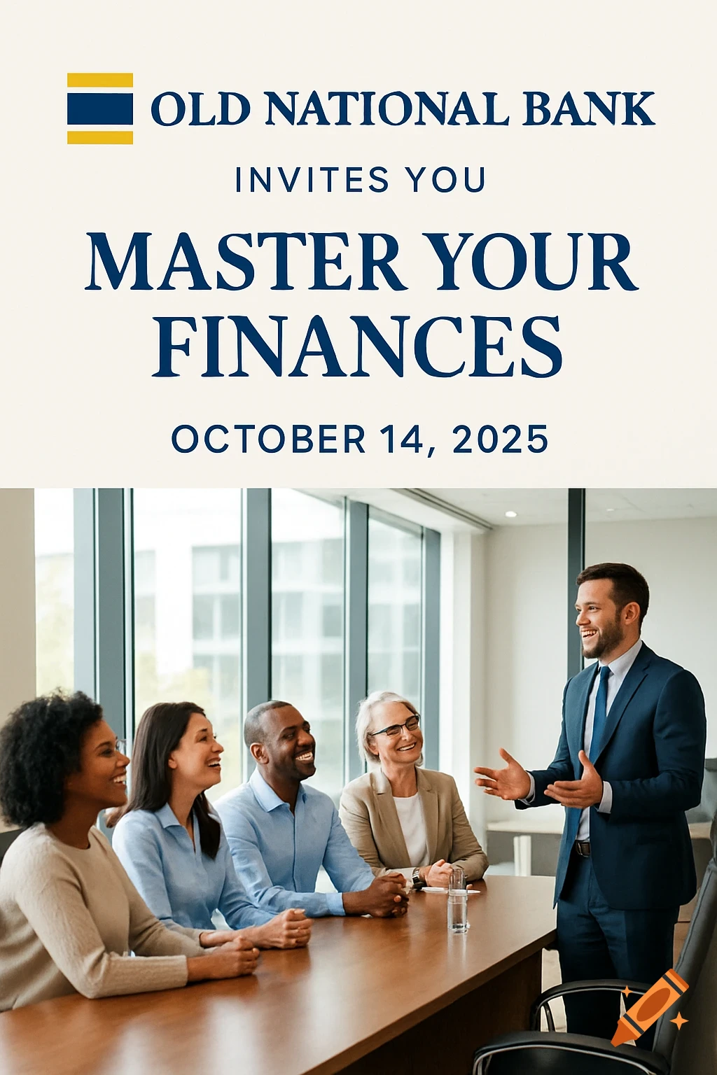A business flyer with text "Old National Bank Invites You, Master Your Finances, October 14, 2025" above diverse people in a conference room.
