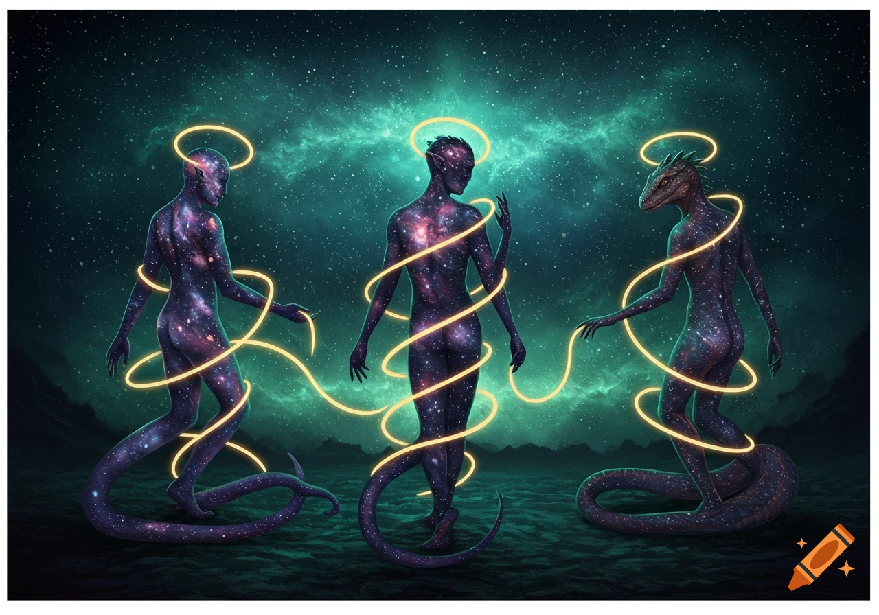 Three cosmic, star-filled figures, one reptilian, with halos and glowing yellow lines, stand against a starry nebula.