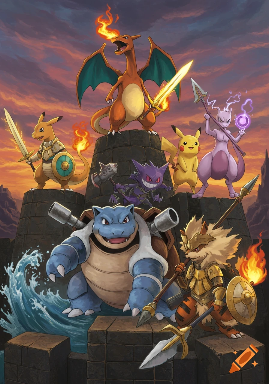 Armored Pokémon like Charizard, Blastoise, and Mewtwo stand on stone towers, holding weapons against a dramatic sky.